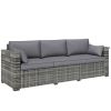 3 Seater Wicker Sofa with Side Trays, Outdoor Patio Couch with 6" Thick Back Cushions, Deep Seating, Mixed Gray