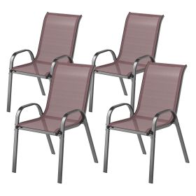 Set of 4 Outdoor Dining Chairs, Stackable Patio Chairs with High Back, Breathable Mesh Seat for Garden Lawn, Brown