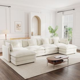 Comfort U Shaped Couch with Reversible Chaise, Modular Large U-Shape Sectional Sofa, Double Extra Ottomans,White Chenille