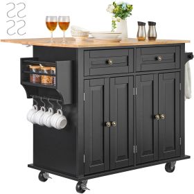 Kitchen Island Cart, 43" Wood Top Mobile Carts with Storage Cabinet, Rolling Table with Drop Leaf, Spice Rack, Towel Bar, Adjustable Shelf, Drawer