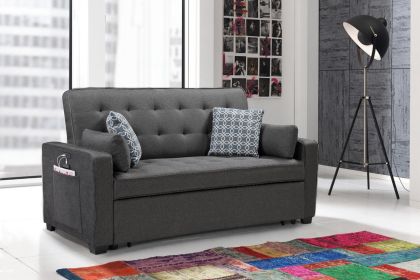 William 70" Modern Gray Fabric Sleeper Sofa with 2 USB Charging Ports and 4 Accent Pillows