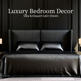 Satin Bed Sheets, Queen Size Sheets Set, 4 Pcs Silky Bedding Set with 15 Inches Deep Pocket for Mattress (Queen, Black)