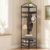 HOMCOM Corner Hall Tree, Industrial 4-Tier Coat Rack with Shoe Storage, 8 Movable Hooks and 2 Shelves for Hallway, Black