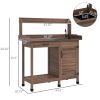 Potting Bench Table with Sink, Outdoor Work Bench Table with Storage Cabinet and Hooks, for Greenhouse, Garden, Patio, Dark Brown