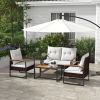 4-Piece Rattan Patio Furniture Set with Loveseat Sofa, Chair, Wood Coffee Table, Cushions, for Outdoor, Backyard, White
