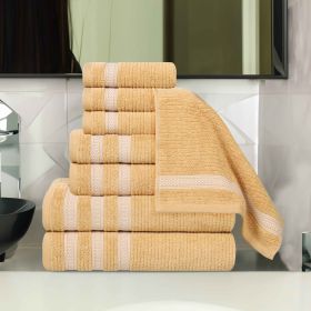 Brea Zero Twist Cotton Ribbed Geometric Border 8 Piece Towel Set (Color: Gold, size: 8 Piece Towel Set)