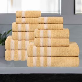 Brea Zero Twist Cotton Ribbed Geometric Border 12 Piece Towel Set (Color: Gold, size: 12 Piece Towel Set)