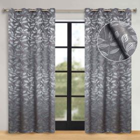 Leaves Room Darkening Washable Blackout Curtain Panels, Set of 2 (Color: Nickel Black, size: 70" x 84")