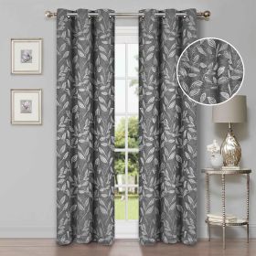Leaves Machine Washable Room Darkening Blackout Curtains, Set of 2 (Color: Nickel Black, size: 42" X 96")