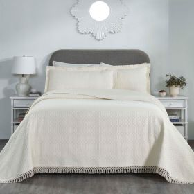Remi Cotton Blend Jacquard Geometric Fringe Bedspread Set (Color: Ivory, size: Full)