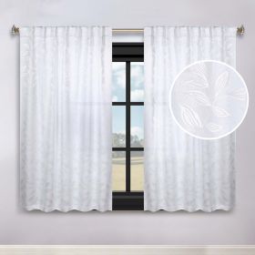 Leaves Room Darkening Back Tabs Blackout Curtain Panels, Set of 2 (Color: White/White, size: 52" X 63")