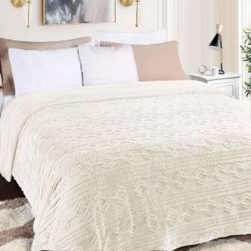 Arctic Boho Knit Jacquard Fleece Plush Medium Weight Fluffy Blanket (Color: Ivory, size: Twin)