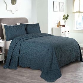Aspen Cotton Blend Jacquard Floral Scalloped Edge Bedspread Set (Color: Deep Sea, size: Full)