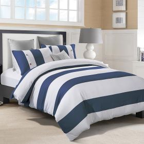 Cotton 3-Piece Nautical Stripe Duvet Cover Set (Color: Navy Blue/White, size: King\California King)