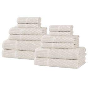 Juno Cotton Blend Textured Checkered Ribbed Border 12 Piece Towel Set (Color: Biege, size: 12 Piece Towel Set)