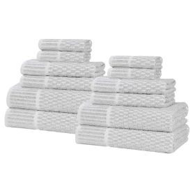 Juno Cotton Blend Textured Checkered Ribbed Border 12 Piece Towel Set (Color: Platinum, size: 12 Piece Towel Set)