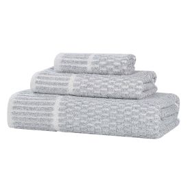 Juno Cotton Blend Textured Checkered Ribbed Border 3 Piece Towel Set (Color: Denim Blue, size: 3 Piece Towel Set)