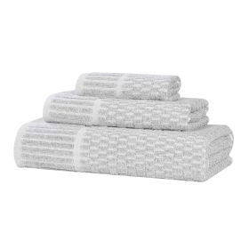 Juno Cotton Blend Textured Checkered Ribbed Border 3 Piece Towel Set (Color: Platinum, size: 3 Piece Towel Set)