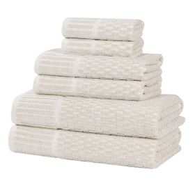 Juno Cotton Blend Textured Checkered Ribbed Border 6 Piece Towel Set (Color: Biege, size: 6 Piece Towel Set)