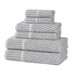 Juno Cotton Blend Textured Checkered Ribbed Border 6 Piece Towel Set (Color: Charcoal, size: 6 Piece Towel Set)