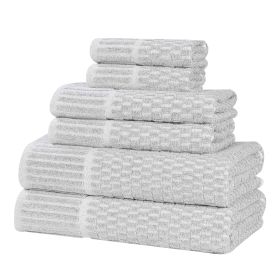 Juno Cotton Blend Textured Checkered Ribbed Border 6 Piece Towel Set (Color: Platinum, size: 6 Piece Towel Set)