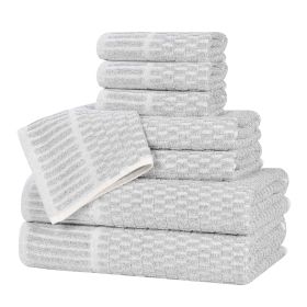 Juno Cotton Blend Textured Checkered Ribbed Border 8 Piece Towel Set (Color: Platinum, size: 8 Piece Towel Set)