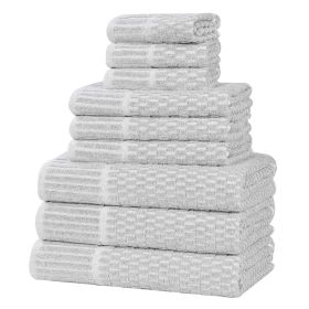 Juno Cotton Blend Textured Checkered Ribbed Border 9 Piece Towel Set (Color: Platinum, size: 9 Piece Towel Set)