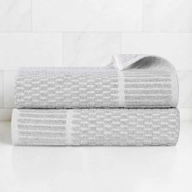 Juno Cotton Blend Textured Checkered Ribbed Border Bath Towels, Set of 2 (Color: Platinum, size: 2 Piece Bath Towels)