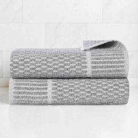 Juno Cotton Blend Textured Checkered Ribbed Border Bath Towels, Set of 2 (Color: Charcoal, size: 2 Piece Bath Towels)