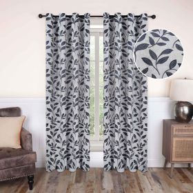 Leaves Machine Washable Room Darkening Blackout Curtains, Set of 2 (Color: White Navy Blue, size: 52" X 108")