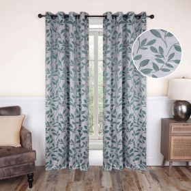 Leaves Machine Washable Room Darkening Blackout Curtains, Set of 2 (Color: Teal, size: 52" X 96")