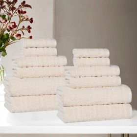 Mika Smart Twist Cotton Solid Textured Ribbed 12 Piece Towel Set (Color: Ivory, size: 12 Piece Towel Set)