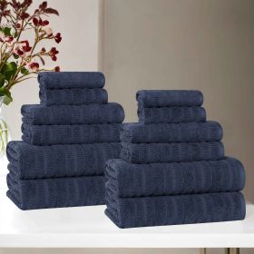 Mika Smart Twist Cotton Solid Textured Ribbed 12 Piece Towel Set (Color: Navy Blue, size: 12 Piece Towel Set)