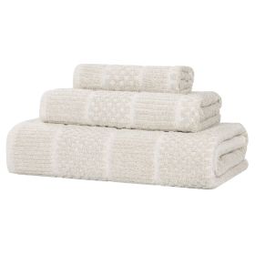 Naples Cotton Blend Textured Checkered and Ribbed 3 Piece Towel Set (Color: Biege, size: 3 Piece Towel Set)