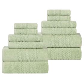 Playa Zero Twist Cotton Solid Waffle Textured 12 Piece Towel Set (Color: Green, size: 12 Piece Towel Set)