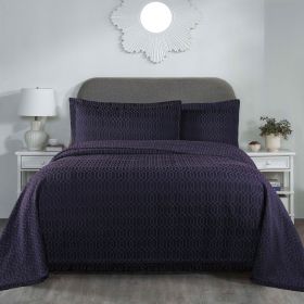Remi Cotton Blend Jacquard Geometric Fringe Bedspread Set (Color: Navy Blue, size: Full)