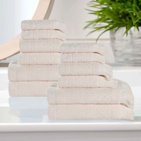 Rolla Cotton Geometric Jacquard Plush Soft Absorbent 12 Piece Towel Set (Color: Ivory, size: 12 Piece Towel Set)