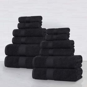Organic Cotton Plush Solid Assorted 12 Piece Towel Set (Color: Black, size: 12 Piece Towel Set)