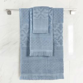 Rolla Cotton Geometric Jacquard Plush Soft Absorbent 3 Piece Towel Set (Color: Blue, size: 3 Piece Towel Set)