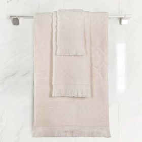 Rolla Cotton Geometric Jacquard Plush Soft Absorbent 3 Piece Towel Set (Color: Ivory, size: 3 Piece Towel Set)