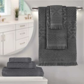 Rolla Cotton Geometric Jacquard Plush Soft Absorbent 6 Piece Towel Set (Color: Grey, size: 6 Piece Towel Set)