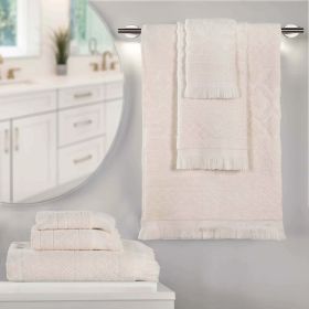 Rolla Cotton Geometric Jacquard Plush Soft Absorbent 6 Piece Towel Set (Color: Ivory, size: 6 Piece Towel Set)