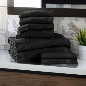 Rolla Cotton Geometric Jacquard Plush Soft Absorbent 8 Piece Towel Set (Color: Black, size: 8 Piece Towel Set)