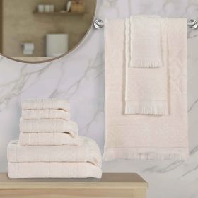 Rolla Cotton Geometric Jacquard Plush Soft Absorbent 9 Piece Towel Set (Color: Ivory, size: 9 Piece Towel Set)