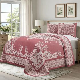 Adalie Cotton Blend Woven Jacquard Medallion Bedspread Set (Color: Berry Red, size: King)