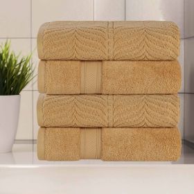 Chevron Zero Twist Solid and Jacquard Soft Cotton Bath Towel Set of 4 (Color: Gold, size: 4 Piece Bath Towels)
