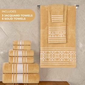 Sadie Zero Twist Cotton Solid and Jacquard Floral 9 Piece Towel Set (Color: Gold, size: 9 Piece Towel Set)