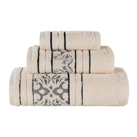Sadie Zero Twist Cotton Floral Jacquard Absorbent 3 Piece Towel Set (Color: Ivory, size: 3 Piece Towel Set)