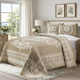 Kymbal Cotton Blend Woven Medallion Jacquard Bedspread Set (Color: Taupe, size: King)