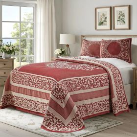 Lyron Cotton Blend Woven Jacquard Floral Scroll Bedspread Set (Color: Berry Red, size: King)